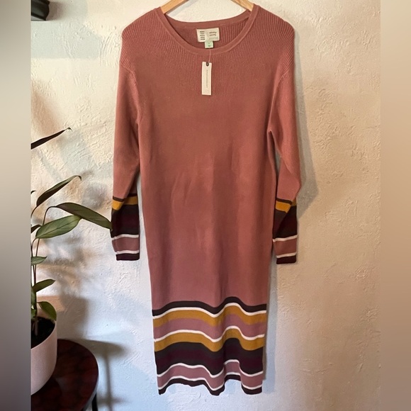 Anthropologie Saturday Sunday Parvati Knit Midi Dress Medium Rose Pink Striped - Picture 2 of 7
